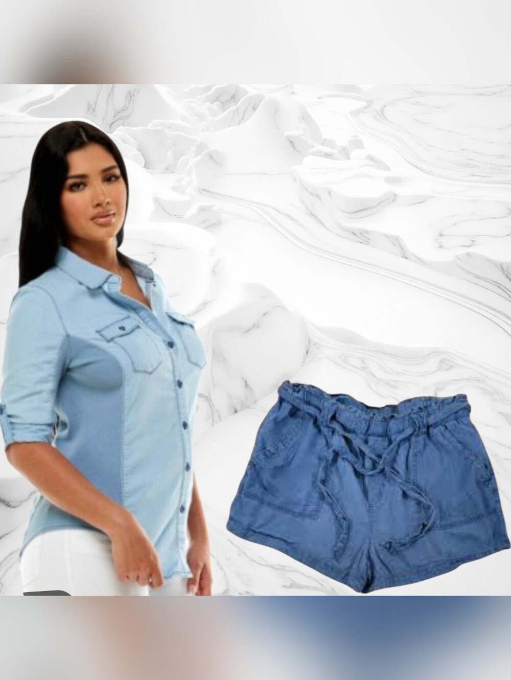 Ci Sono Chambray Blue Drawstring Jean Shorts